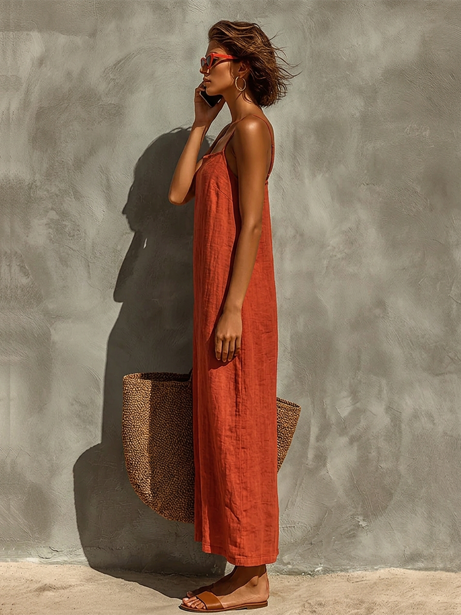 Vestido de Algodão com Alças Finas e Decote Quadrado, Estilo Boho-Resort Intemporal
