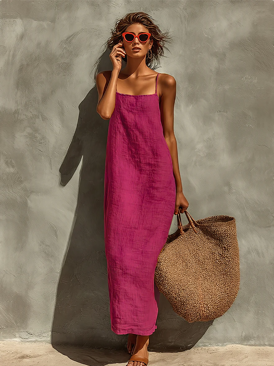 Vestido de Algodão com Alças Finas e Decote Quadrado, Estilo Boho-Resort Intemporal