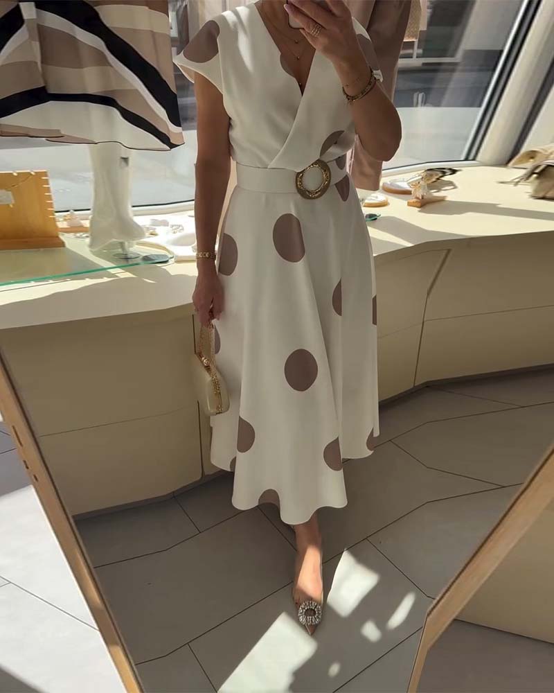 Lorena - Vestido midi para mulher com bolinhas e decote em V