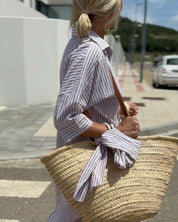 COLEN - VESTIDO CAMISA DE MULHER LISTRADO CLÁSSICO COM RENDA