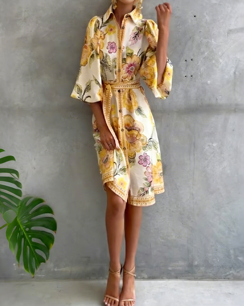 Rosalva - Robe Manga Lanterna Colar Crantado Impresso para Mulher