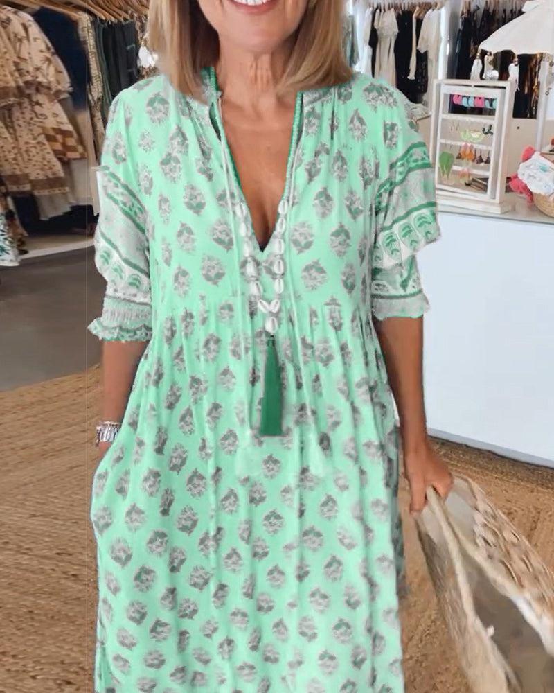 Modena™ - Vestido casual estampado com decote em V e mangas curtas