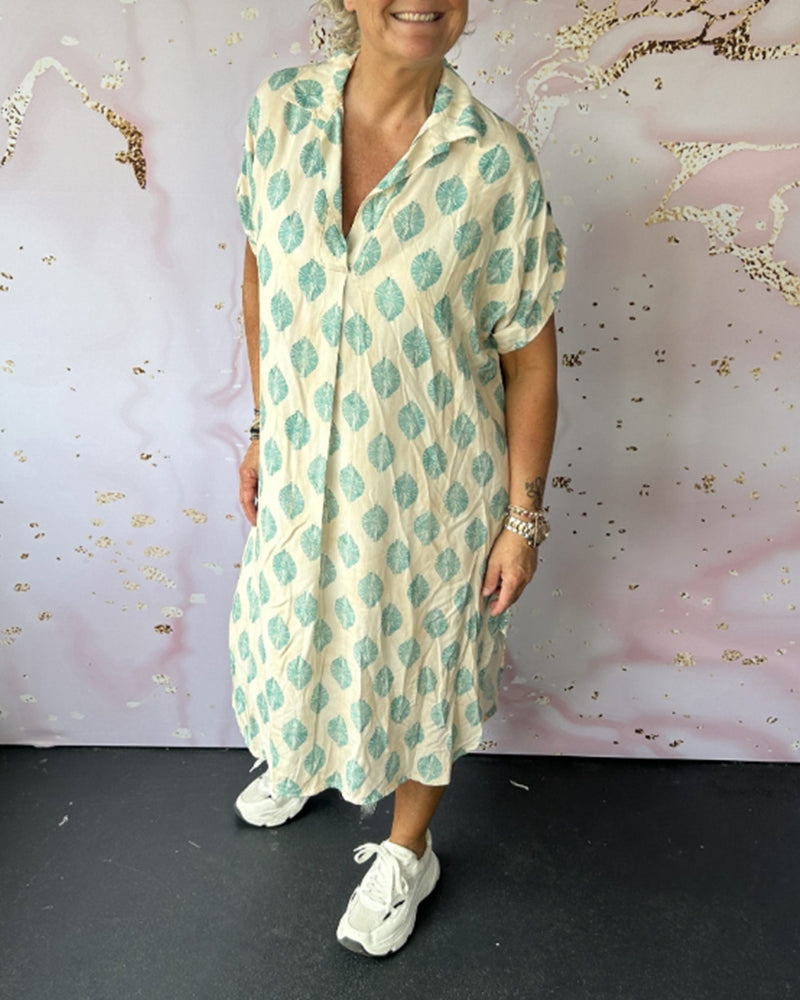 Liora™ | Vestido solto de primavera com gola de lapela e mangas curtas