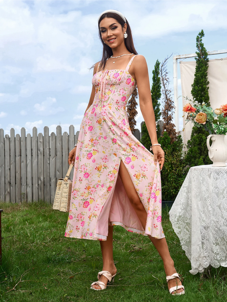 Claudia - Vestido Cami com Busto Franzido e Coxa Dividida