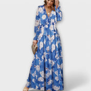 Aldona | Vestido Maxi Floral com Decote V e Tecido Plissado