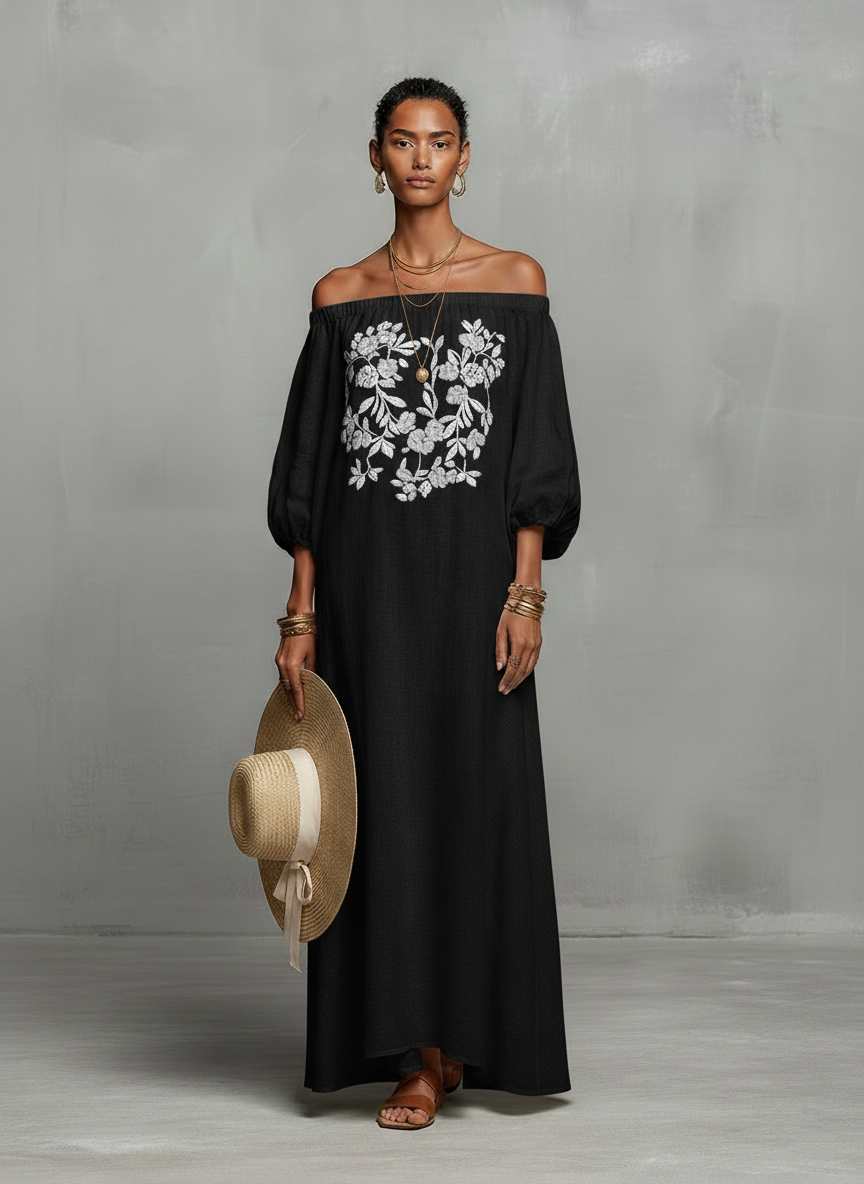 Constança | Vestido Maxi com Ombros de Fora e Bordado Delicado