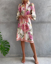 Rosalva - Robe Manga Lanterna Colar Crantado Impresso para Mulher