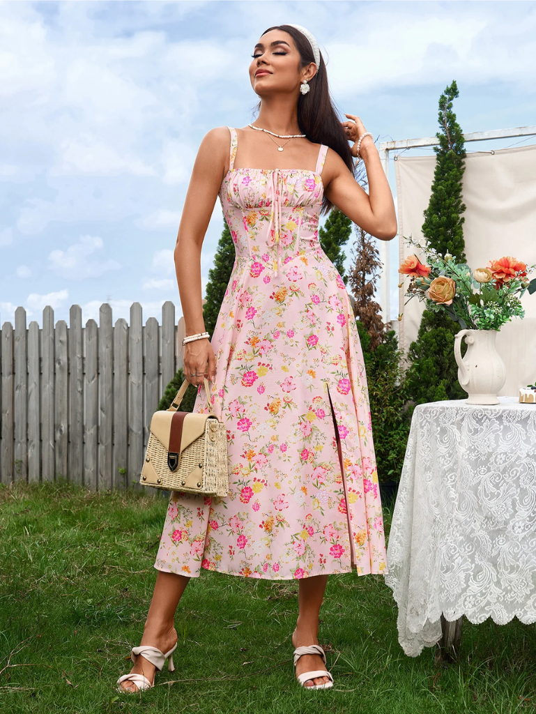 Claudia - Vestido Cami com Busto Franzido e Coxa Dividida