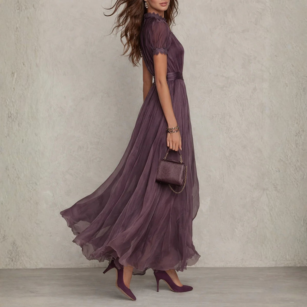Constança | Vestido Maxi em Chiffon com Renda