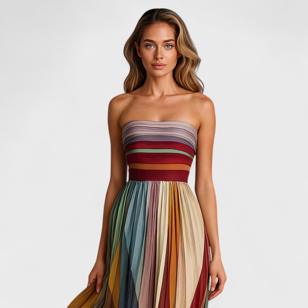 Renata | Vestido Maxi sem Mangas com Riscas Multicolor