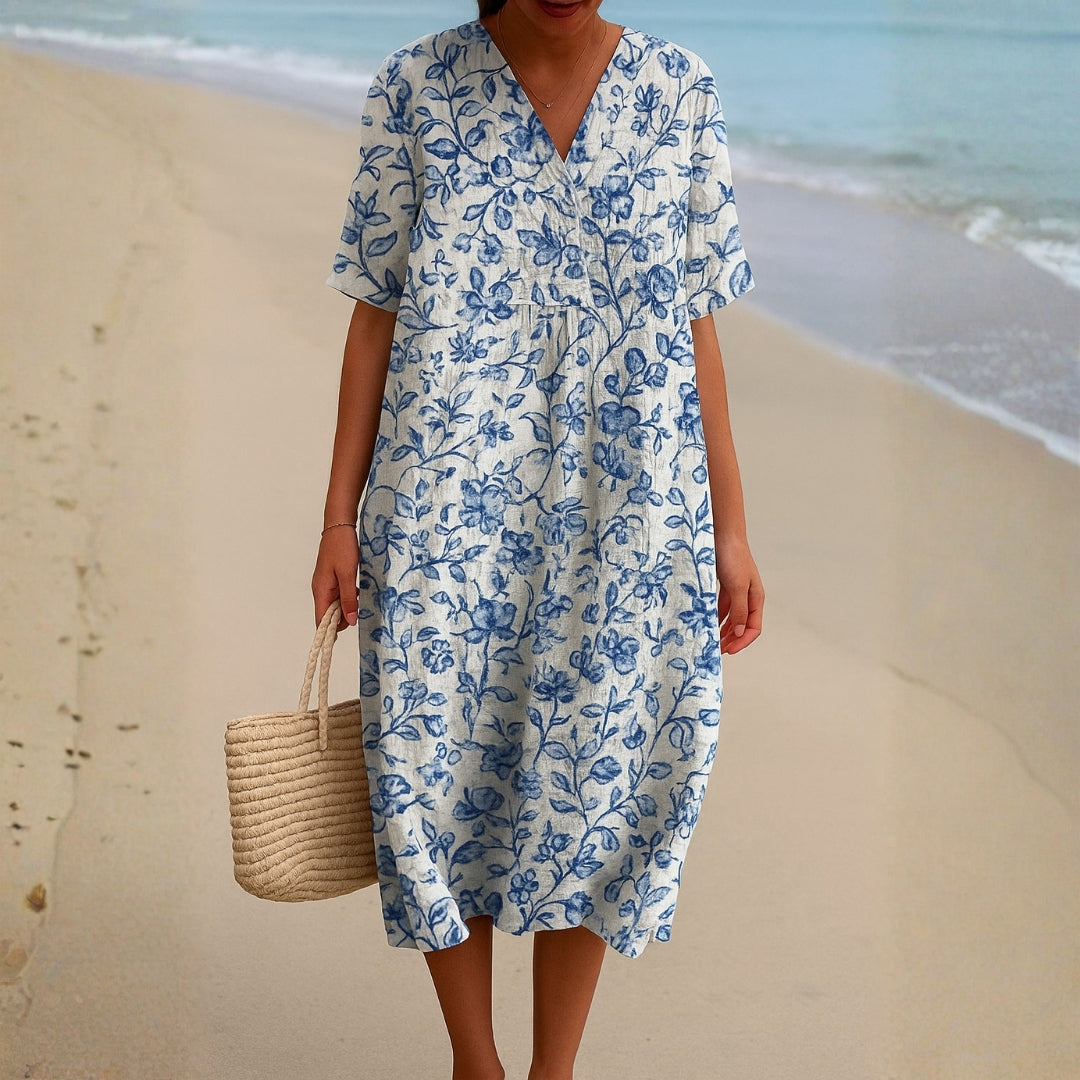 Lola - Vestido de Marfim Adornado com Acentos Florais em Azul Porcelana