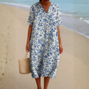 Lola - Vestido de Marfim Adornado com Acentos Florais em Azul Porcelana