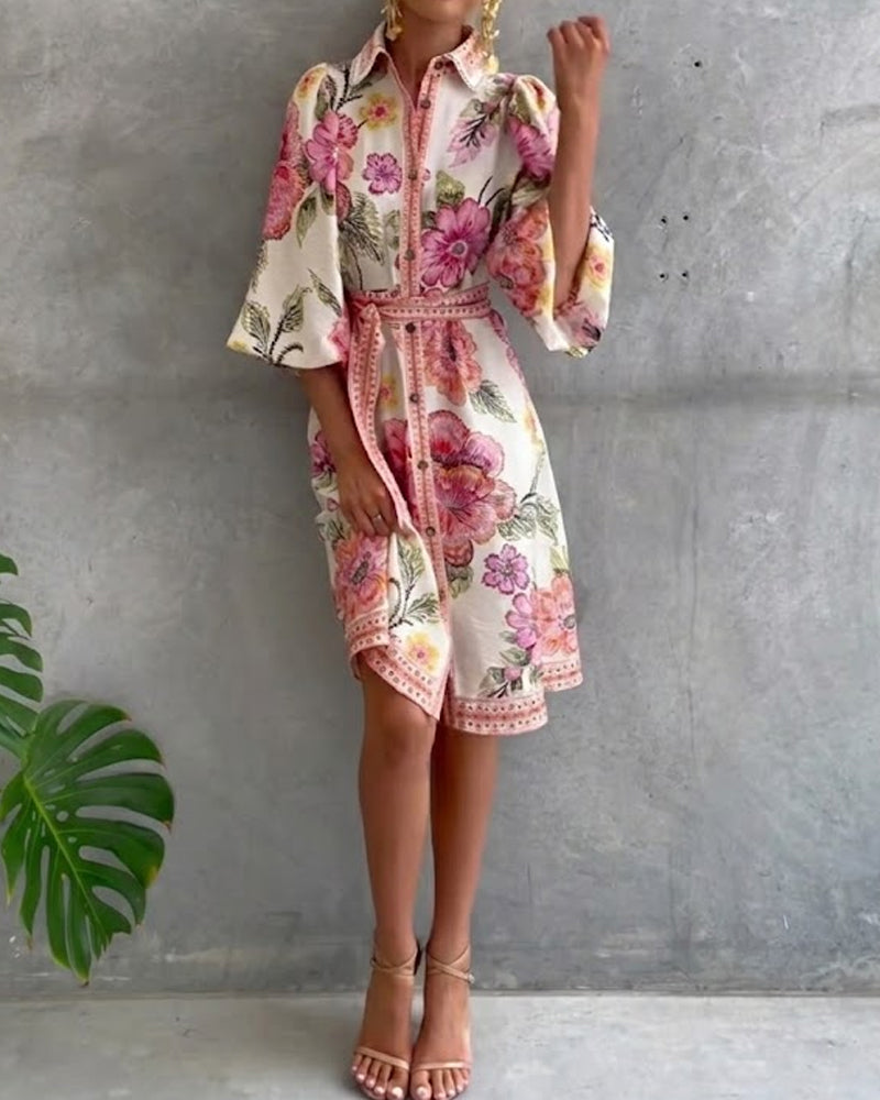 Rosalva - Robe Manga Lanterna Colar Crantado Impresso para Mulher