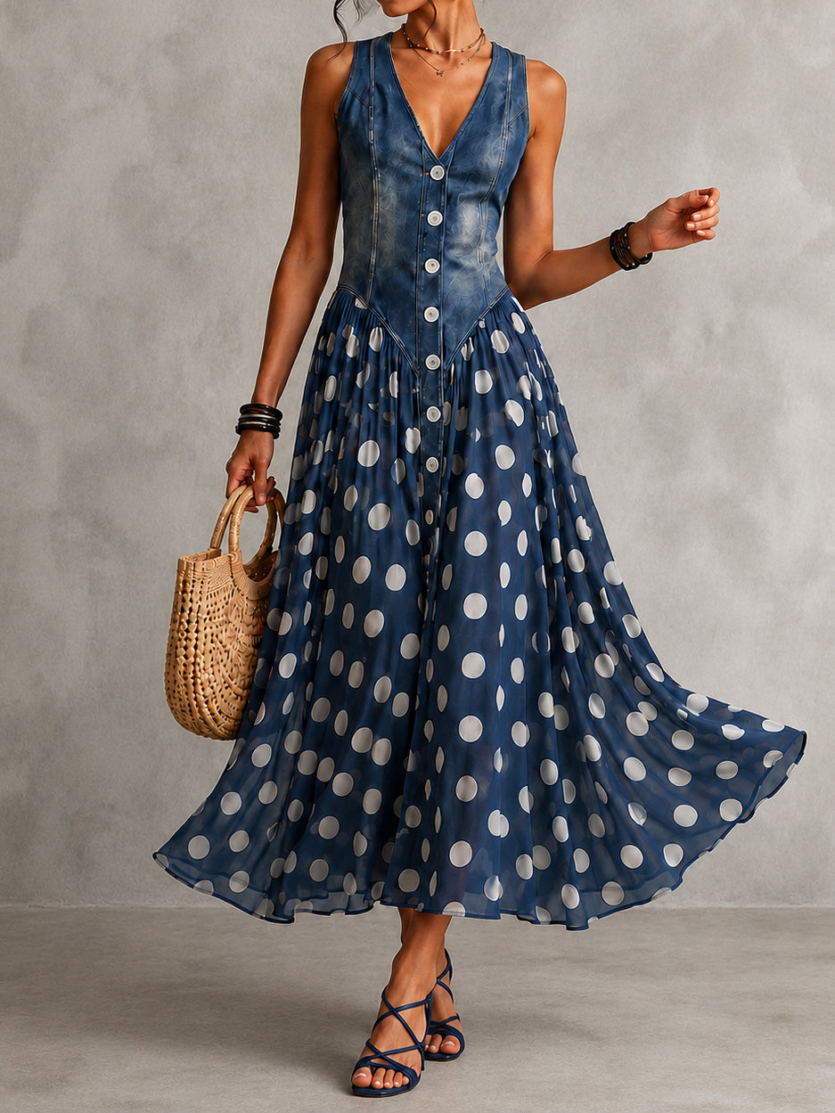 Rusca - Elegante vestido longo sem mangas de denim falso com bolinhas para Mulher