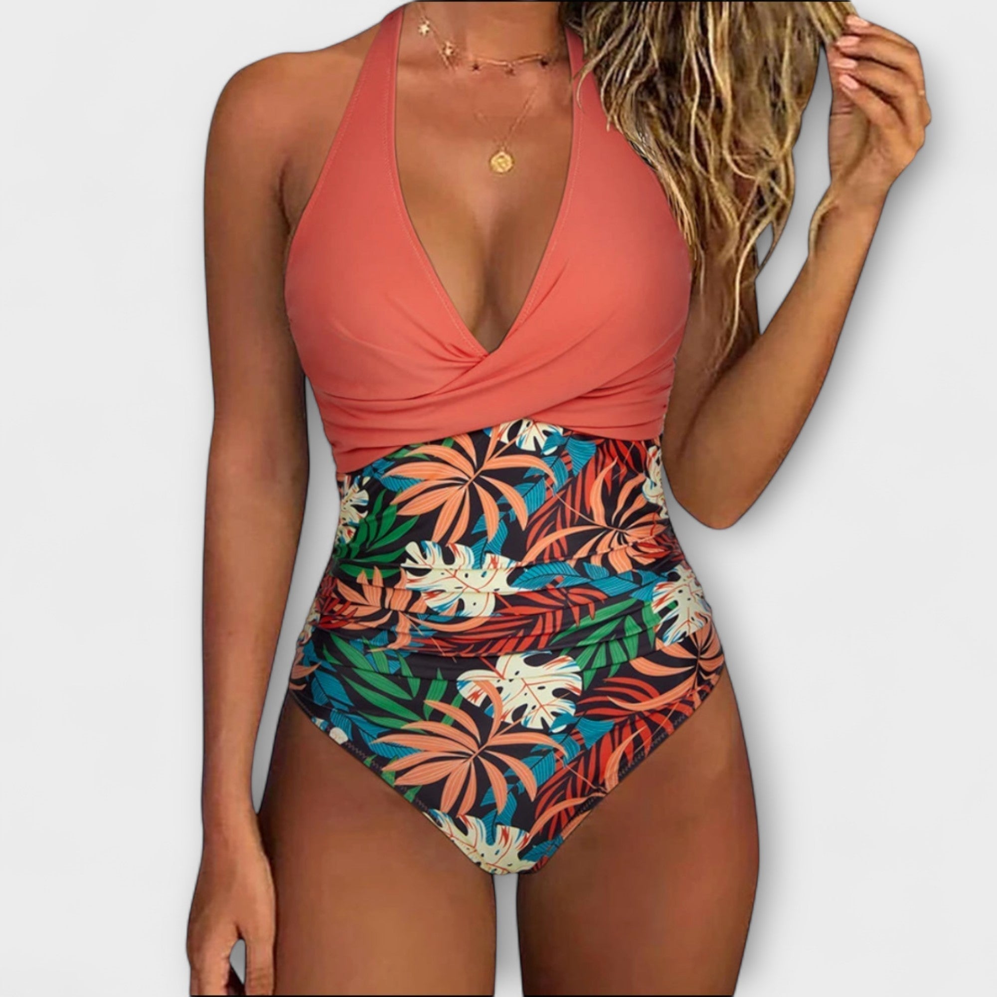 Rosa - Fato de banho elegante com decote em V para mulher