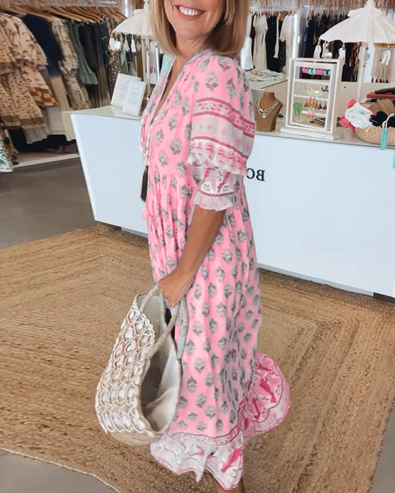 Modena™ - Vestido casual estampado com decote em V e mangas curtas