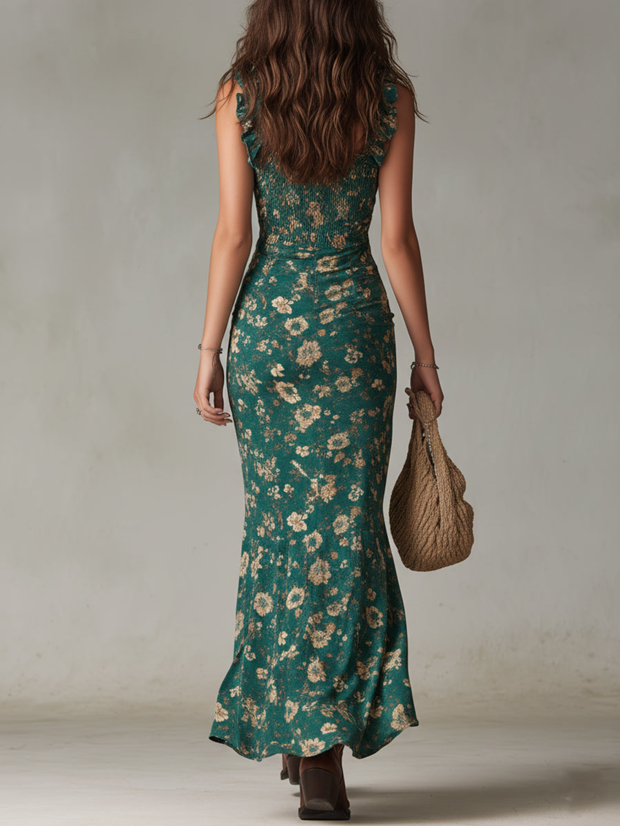 Vestido Longo Boho Retro com Mangas de Folho e Fenda Alta