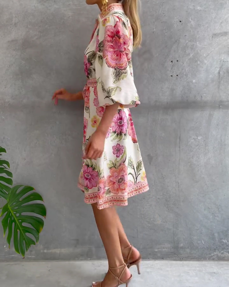 Rosalva - Robe Manga Lanterna Colar Crantado Impresso para Mulher