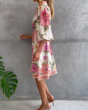 Rosalva - Robe Manga Lanterna Colar Crantado Impresso para Mulher