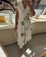Lorena - Vestido midi para mulher com bolinhas e decote em V