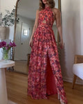 Isa Luna | Vestido longo sem costas com estampa floral