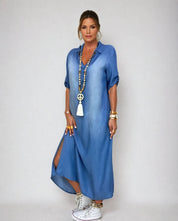 Lea | Vestido longo em look jeans com fenda lateral