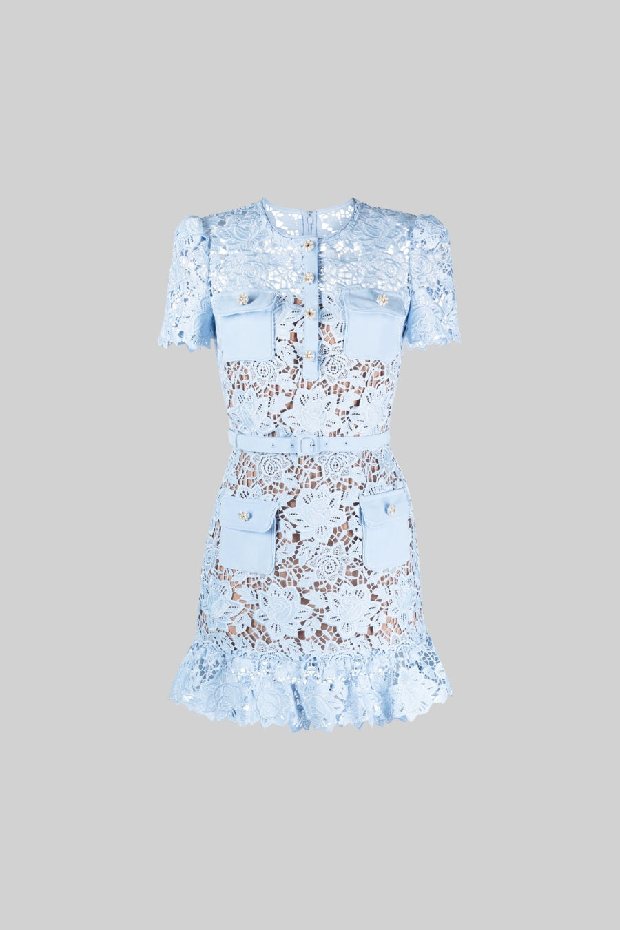 Leonor | Vestido Midi Floral Bordado com Mangas Curtas — Azul