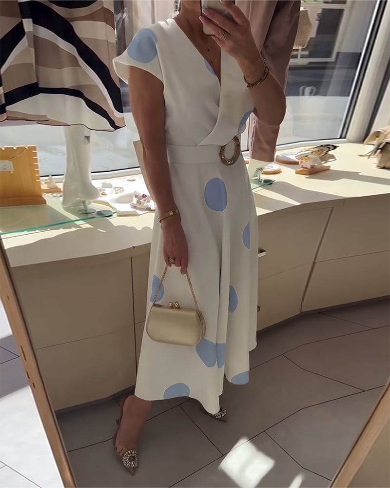 Lorena - Vestido midi para mulher com bolinhas e decote em V