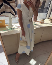 Lorena - Vestido midi para mulher com bolinhas e decote em V