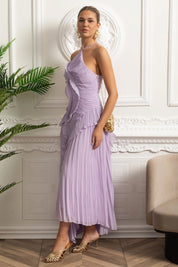 Amélia | Vestido Midi Plissado Halter com Babados em Cascata — Lavanda