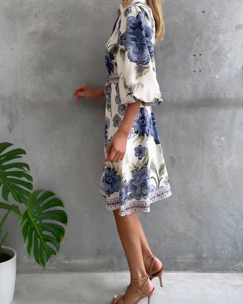 Rosalva - Robe Manga Lanterna Colar Crantado Impresso para Mulher