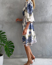 Rosalva - Robe Manga Lanterna Colar Crantado Impresso para Mulher
