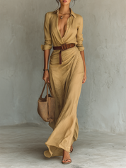 Vestido longo longo com gola de lapela e cinto inclusos