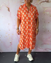 Liora™ | Vestido solto de primavera com gola de lapela e mangas curtas