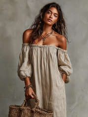 Carmen | Vestido longo de algodão e linho com ombros descobertos para Mulher