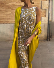 Abrielle – Vestido longo elegante com cardigan combinando