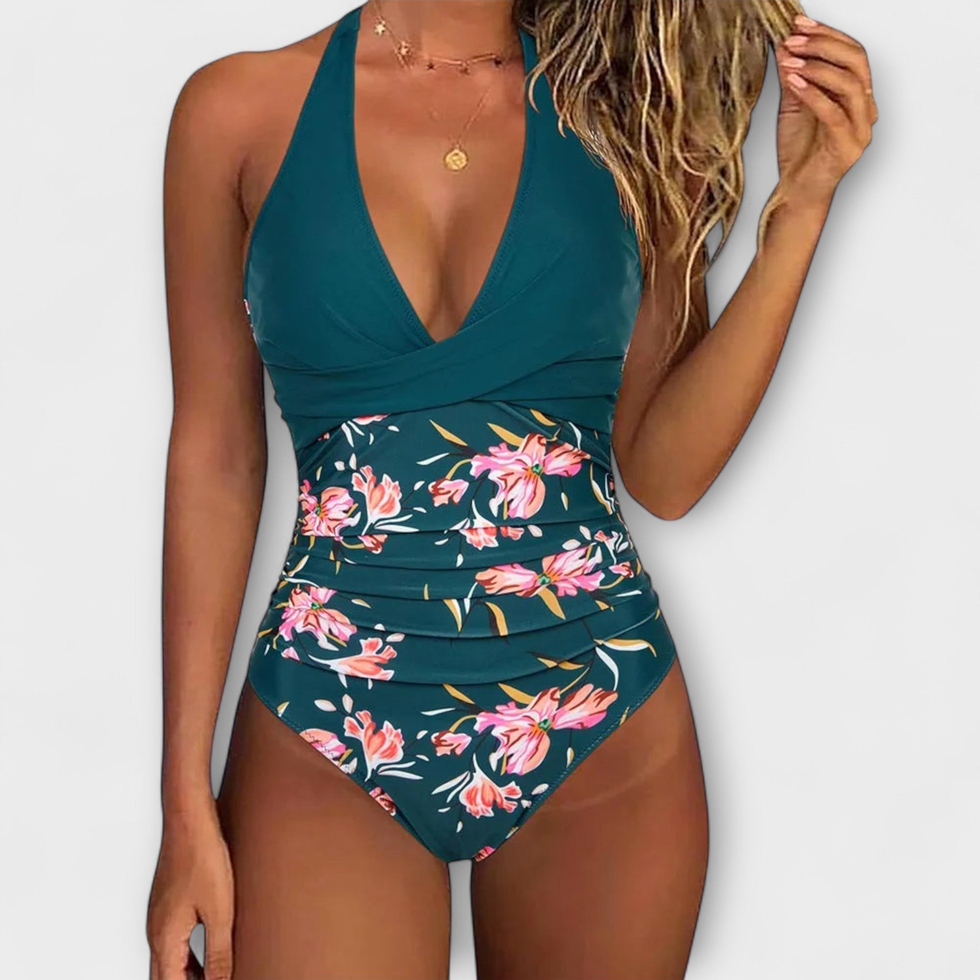 Rosa - Fato de banho elegante com decote em V para mulher