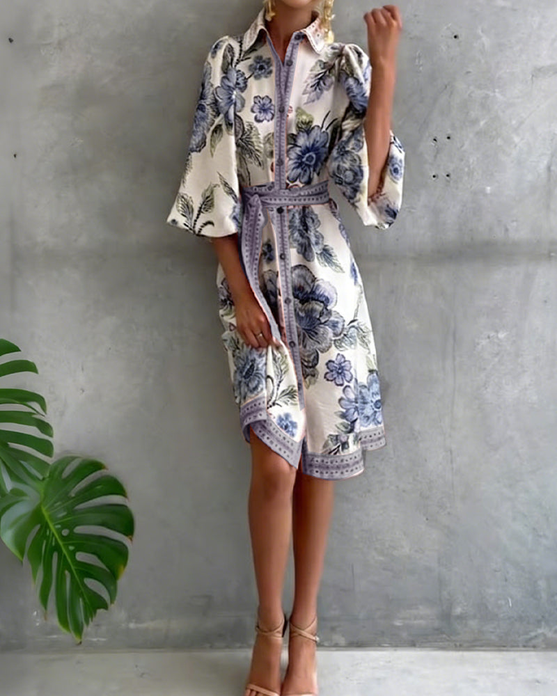 Rosalva - Robe Manga Lanterna Colar Crantado Impresso para Mulher