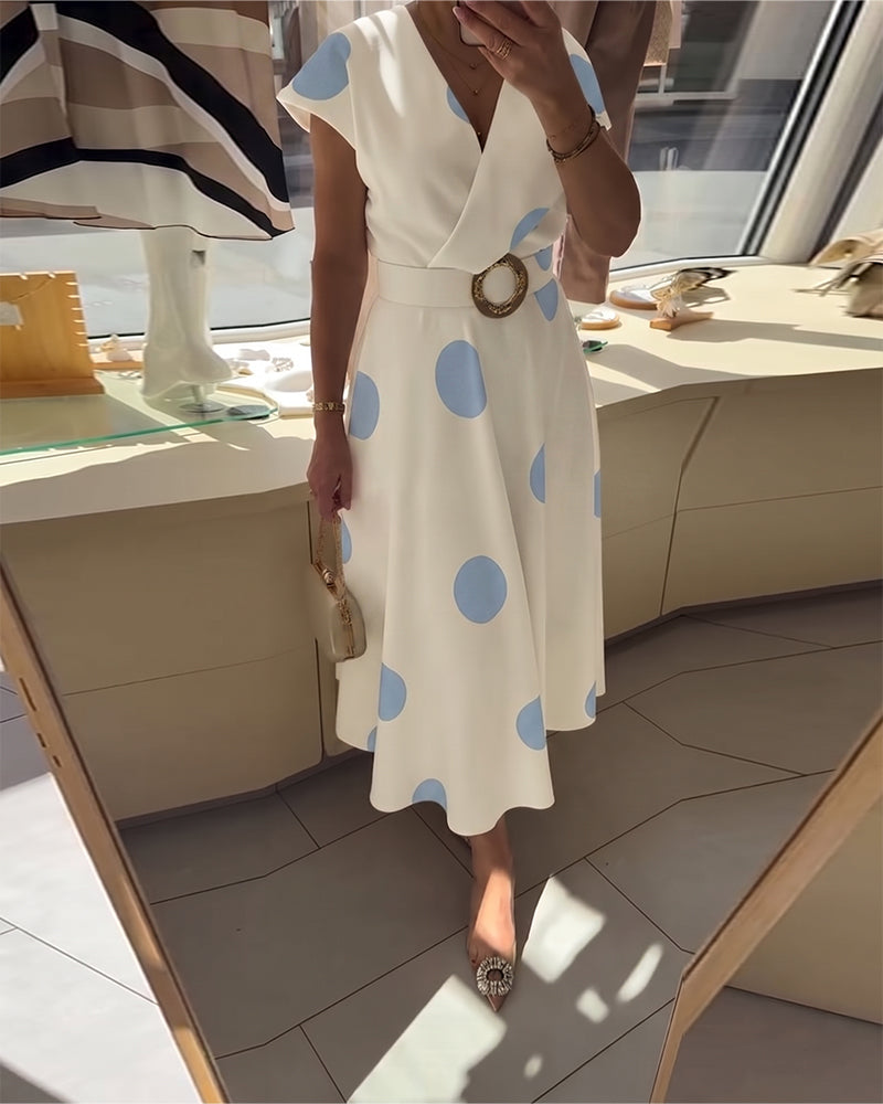 Lorena - Vestido midi para mulher com bolinhas e decote em V