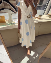 Lorena - Vestido midi para mulher com bolinhas e decote em V