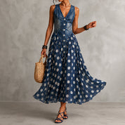 Rusca - Elegante vestido longo sem mangas de denim falso com bolinhas para Mulher