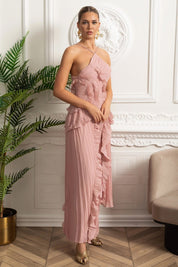 Filipa | Vestido Midi Plissado Halter com Babados em Cascata — Rosa