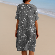 Manuela - Vestido Floral em Carvão com Acentos Brancos