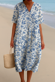 Lola - Vestido de Marfim Adornado com Acentos Florais em Azul Porcelana