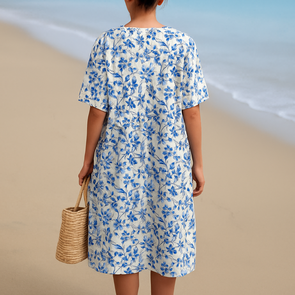 Lola - Vestido de Marfim Adornado com Acentos Florais em Azul Porcelana