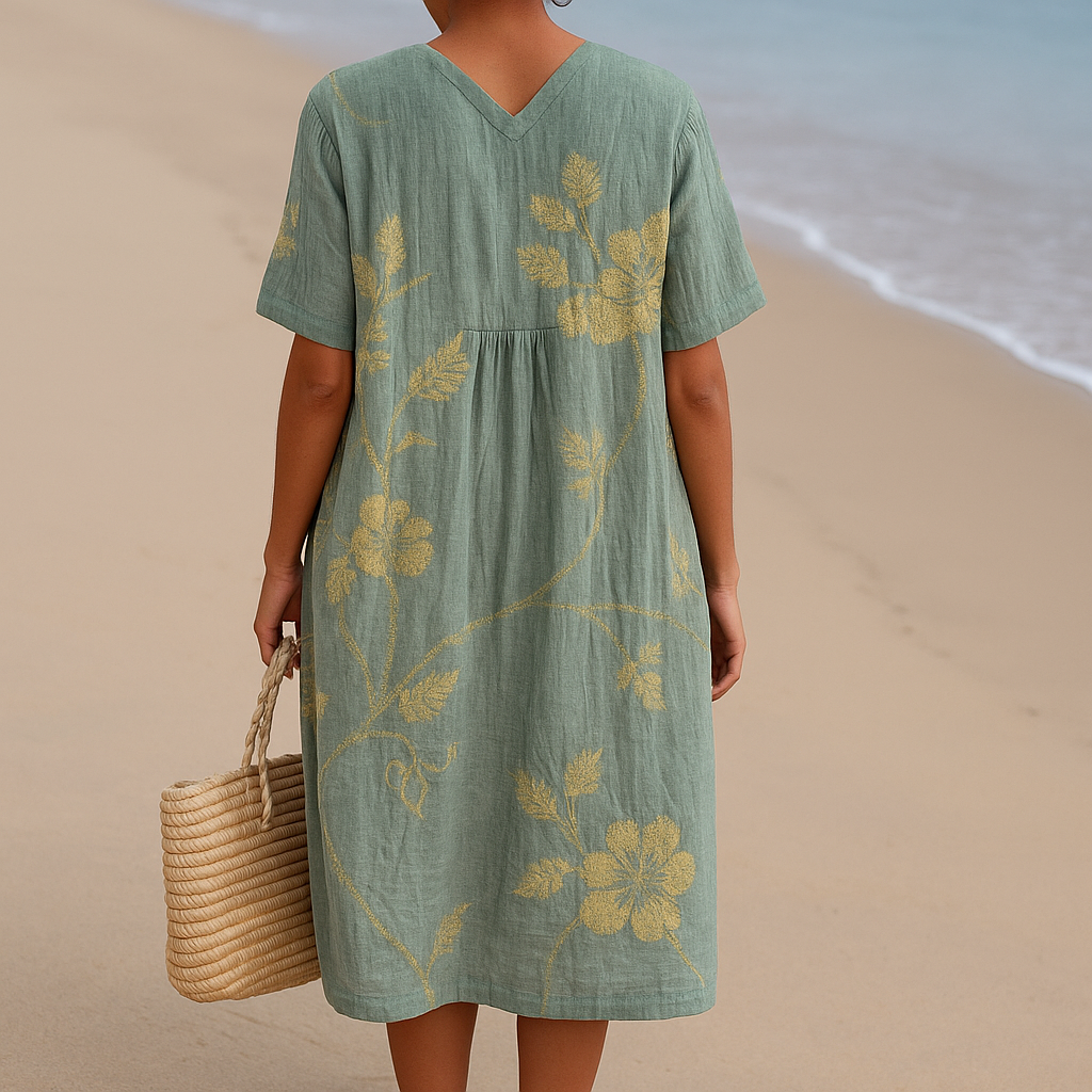 Cristina - Vestido Azul-Cinzento com Bordado Floral