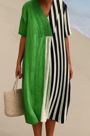 Maribel - Vestido Verde Vibrante com Riscos Pretos