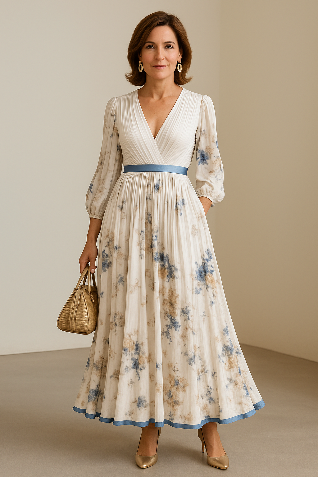 Henriqueta | Vestido Maxi Floral com Saia Plissada e Mangas Compridas