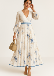 Henriqueta | Vestido Maxi Floral com Saia Plissada e Mangas Compridas