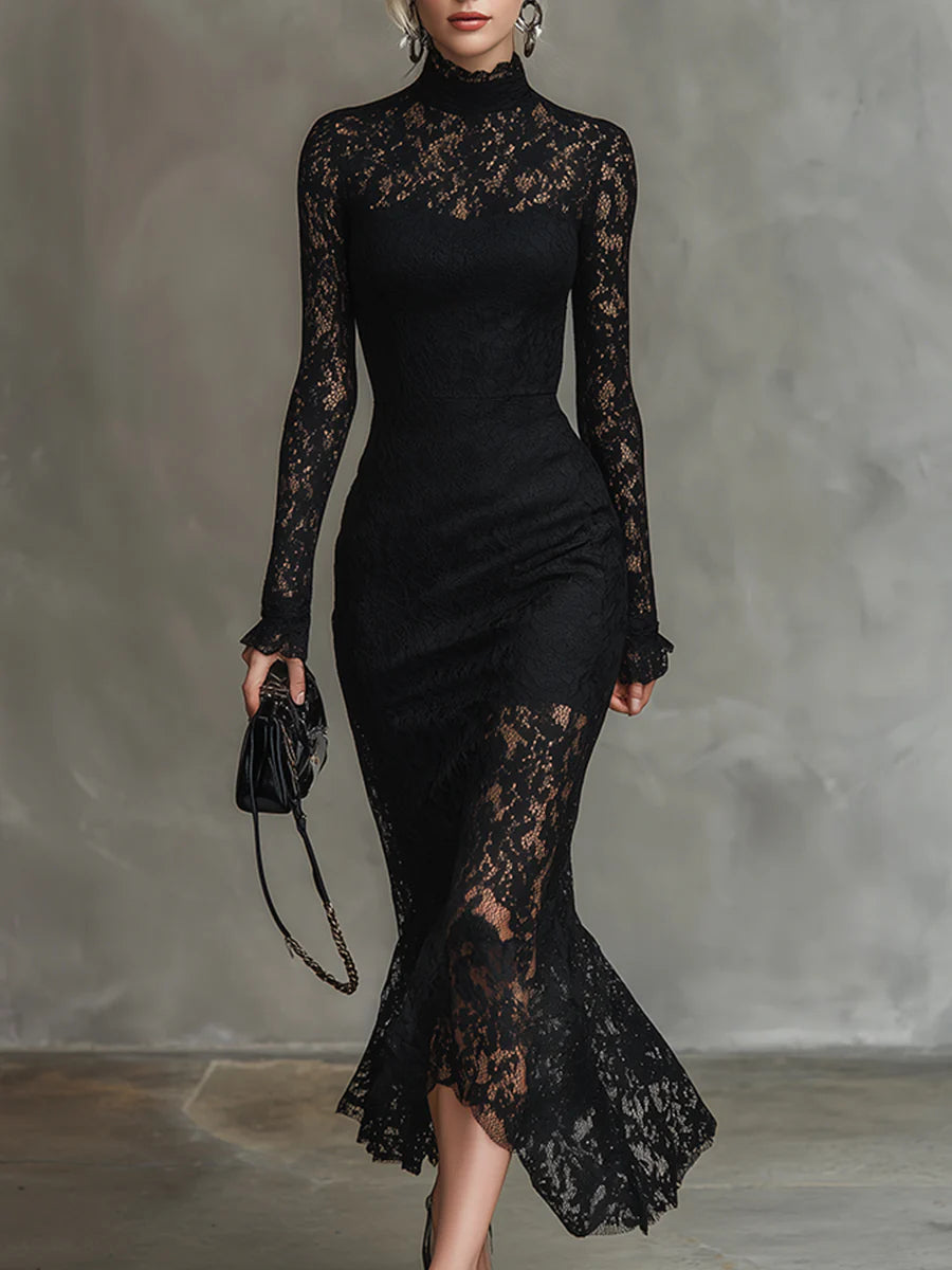 Veronika | Vestido Maximal de Renda Preta